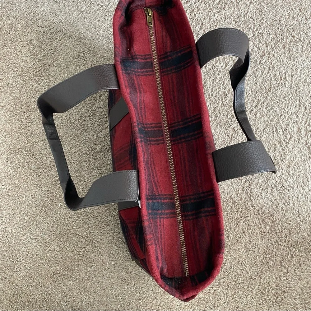 American Eagle Outfitters Red Plaid Duffel Tote with Brown Trim new